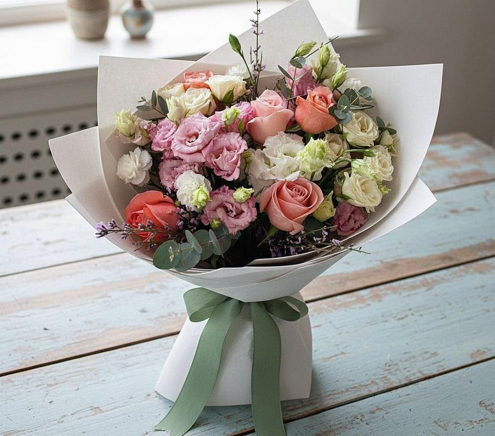 Букет цветов из: Розы, Лизиантусы и Гвоздики в Нижнеудинске