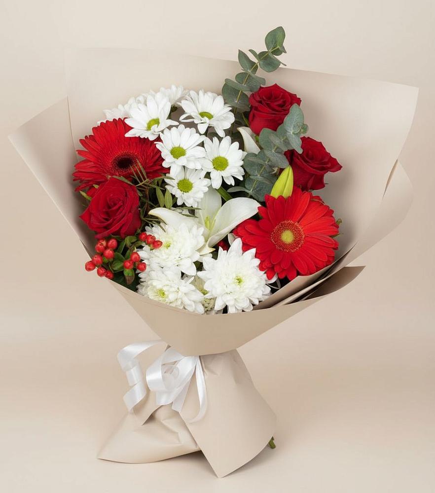 Букет цветов из: Розы, Хризантемы, Герберы и Лилии в Нижнеудинске